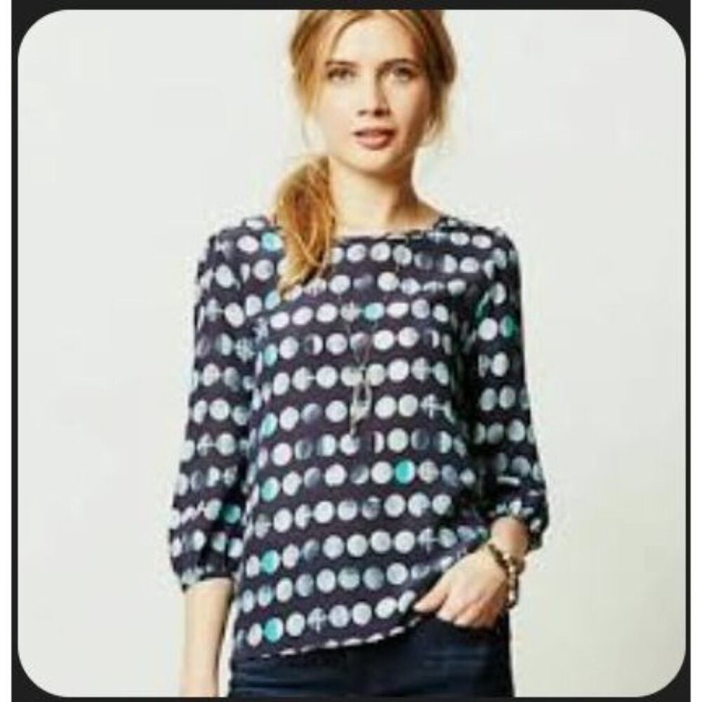 Anthropologie HD In Paris Moon Phase Silk Blouse XS Blue 100% Silk Top - Picture 2 of 10